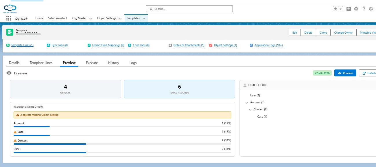 iSyncSF Preview Scan tab showing Salesforce object hierarchy tree and record count results